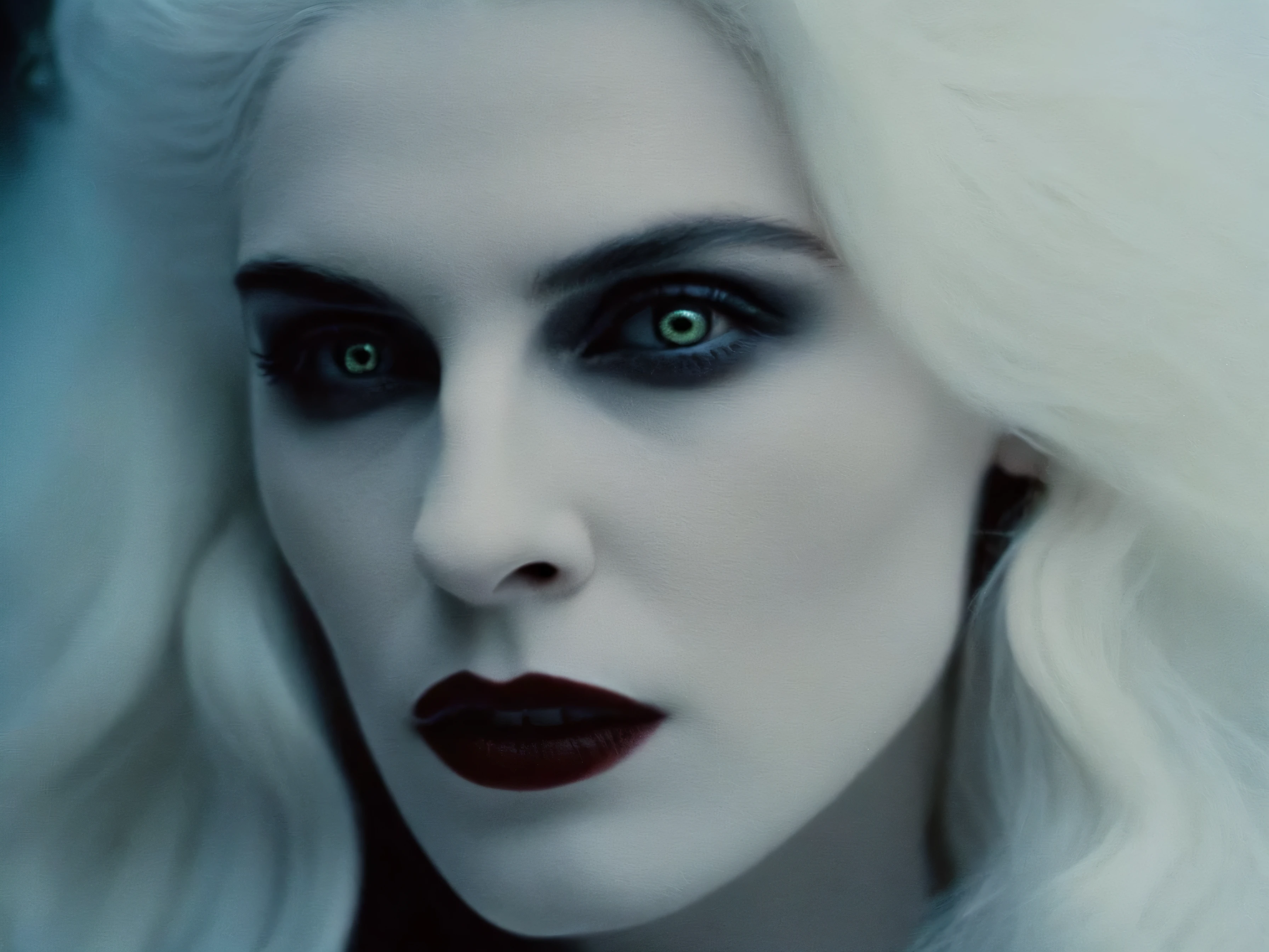 analog film photo of  Female Vampire a pale ice cold skin vampire woman with white hair and a white face and reflective eyes  in , faded film, desaturated, 35mm photo, grainy, vignette, vintage, Kodachrome, Lomography, stained, highly detailed, found footage