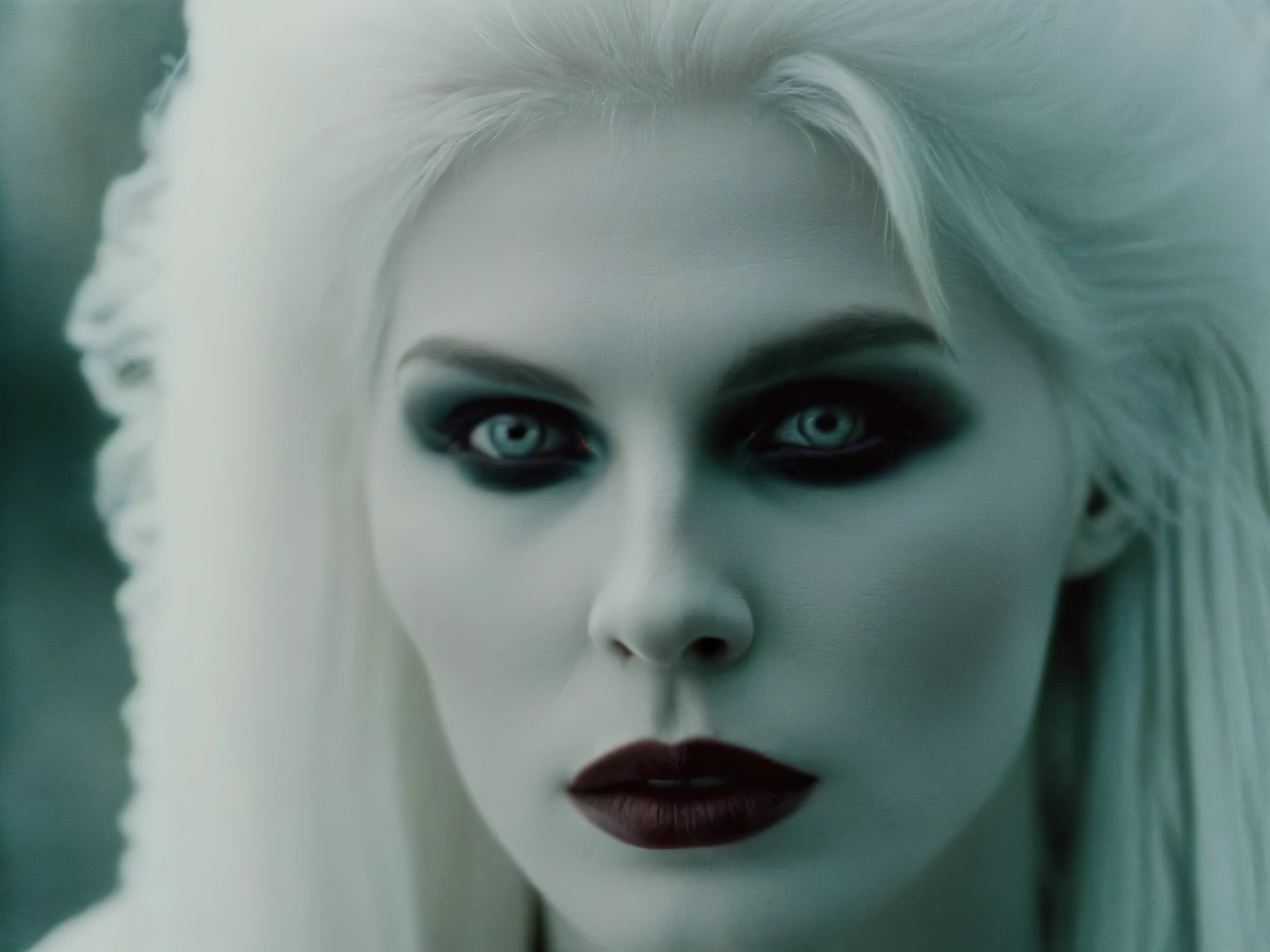 analog film photo of  Female Vampire a pale ice cold skin vampire woman with white hair and a white face and reflective eyes  in , faded film, desaturated, 35mm photo, grainy, vignette, vintage, Kodachrome, Lomography, stained, highly detailed, found footage