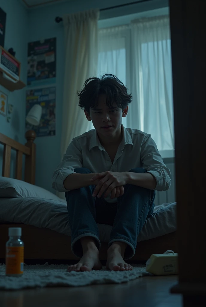 In a dimly lit, cluttered room, a young boy sits alone on the edge of a worn-out bed. The room, once bright and inviting, now feels like a confined space of despair, with faded posters peeling off the walls and scattered belongings hinting at a life that has been disrupted. The boy's clothes are rumpled, and his hair is disheveled, giving the impression of someone who has been lost in their own thoughts for too long.His face, etched with sadness, is illuminated only by the soft glow of a single, flickering lamp on a nearby desk. The shadows cast across his face accentuate the deep lines of worry and the heavy burden he seems to carry. His eyes, red and puffy from crying, stare blankly at the floor, unable to focus on anything in particular. The boy's posture is hunched, as if the weight of his emotions is physically pulling him down.Around him, the room is filled with signs of chaos—a toppled bookshelf, scattered books, and crumpled papers, reflecting the turmoil of his inner world. A broken picture frame lies shattered on the floor, with fragments of a photo of happier times scattered around it. The room's once vibrant colors have dulled, mirroring the boy's mood.Outside the window, the sky is overcast, with dark clouds rolling in, adding to the overall sense of gloom. The rain begins to patter softly against the windowpane, further amplifying the boy's sense of isolation and helplessness. The room is quiet except for the faint, rhythmic sound of the rain, which seems to echo the boy's heartbeat—slow and heavy.The boy's thoughts are tumultuous; he's grappling with a recent loss or disappointment that has left him feeling adrift and disconnected. He clutches a small, comforting object—a faded photograph, a cherished toy, or a handwritten note—close to his chest as if seeking solace in the memories it represents. His tears fall quietly, blending with the raindrops, and his breathing is shallow, as if even the simple act of drawing air is a struggle.This scene capture