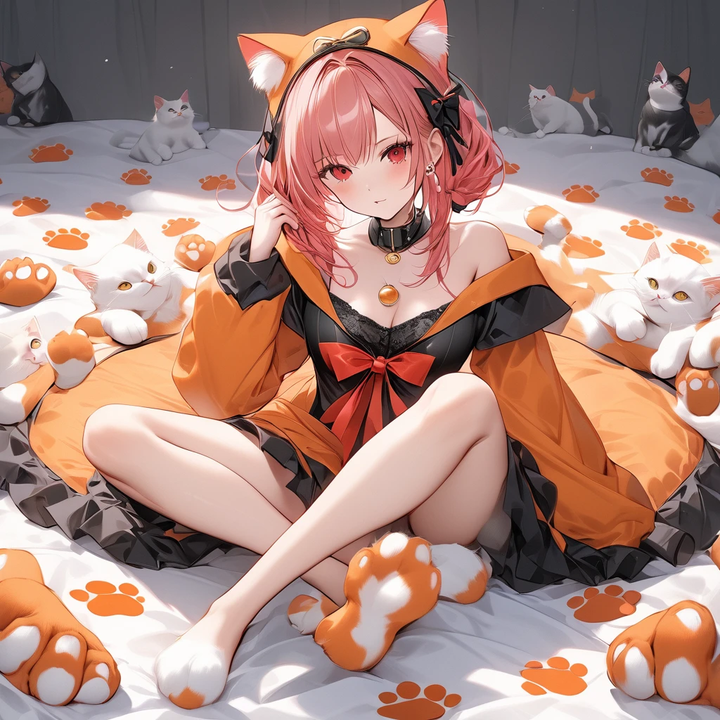 (Fraction_9,Fraction_8_direction_7_superior),1 Girl,Cat-eared girl,Redhead,Red eyes,Cat paw equipment,feet,Black Skirt,beautiful_face,Cat Girl