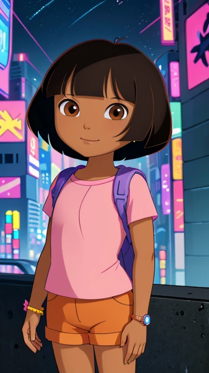 (1girl, solo, highly insanely detailed, masterpiece, top quality, best quality, highres, 4k, 8k, RAW photo),((innocent look)),((Childish)),From the front, symmetrical composition,smile,cute,Innocent,Kind eyes,Flat chest, (DCAU / DCAMU Style), (cyberpunk), night, neon light city, solo, Dora,  brown eyes, flower, dark-skinned female, (tan), bob cut, pink shirt, orange shorts, bracelet, backpack,