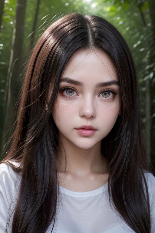 Attractive Young Woman, Symmetrical and well-proportioned facial features、Large mole on the corner of the eye、(Beautiful Face:1.5), Seductive lips, (Cat Eye Makeup:1.0), (Big eyes:1.0), (Large Breasts:1.2), (Healthy, fleshy body and face:1.1), (Shiny hair cuticles:1.2), (Moody lighting:1.2), Depth of written boundary, Bokeh, 4K, High resolution、From the waist up、Around town、Cute clothes、A small woman standing in the forest