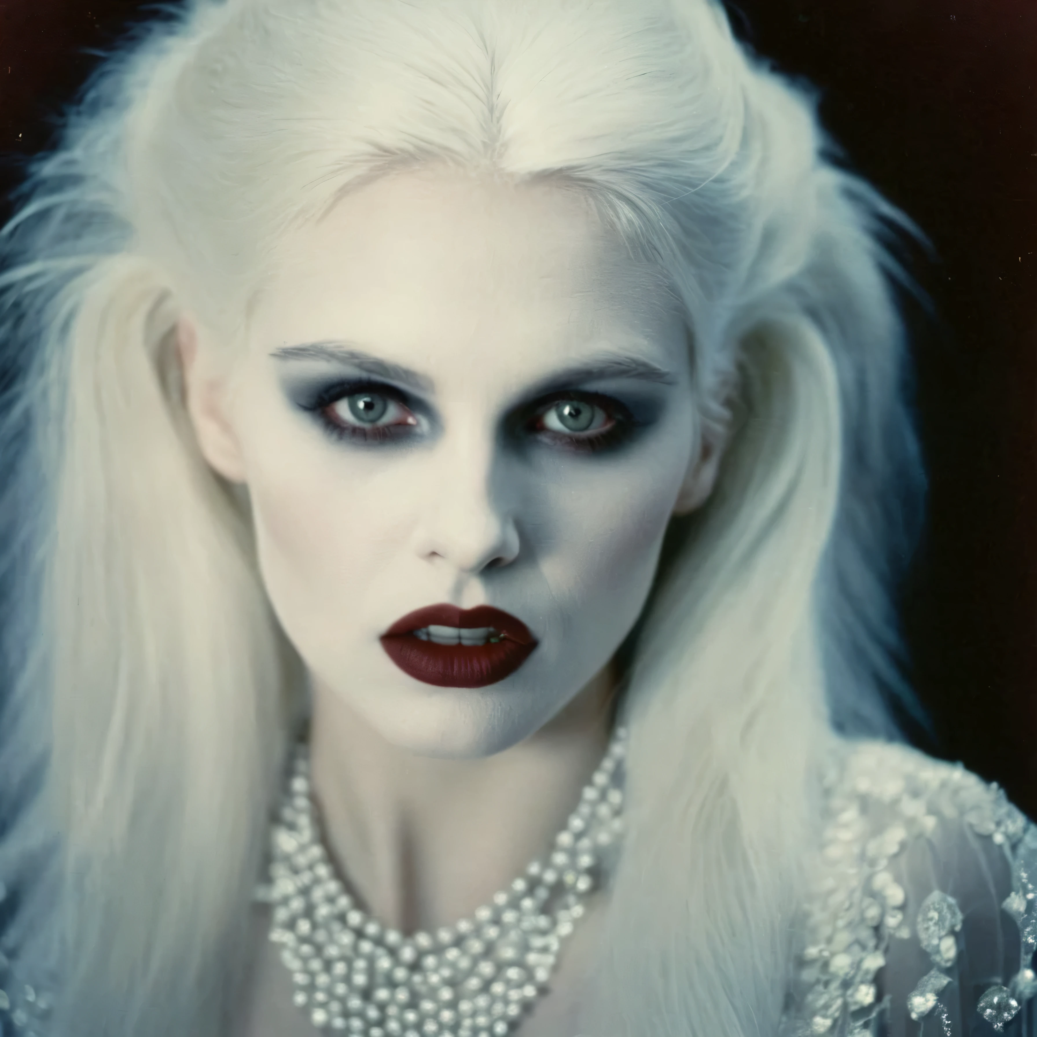 analog film photo of  Female Vampire a pale ice cold skin vampire woman with white hair and a white face and reflective eyes  in year 17, faded film, desaturated, 35mm photo, grainy, vignette, vintage, Kodachrome, Lomography, stained, highly detailed, found footage