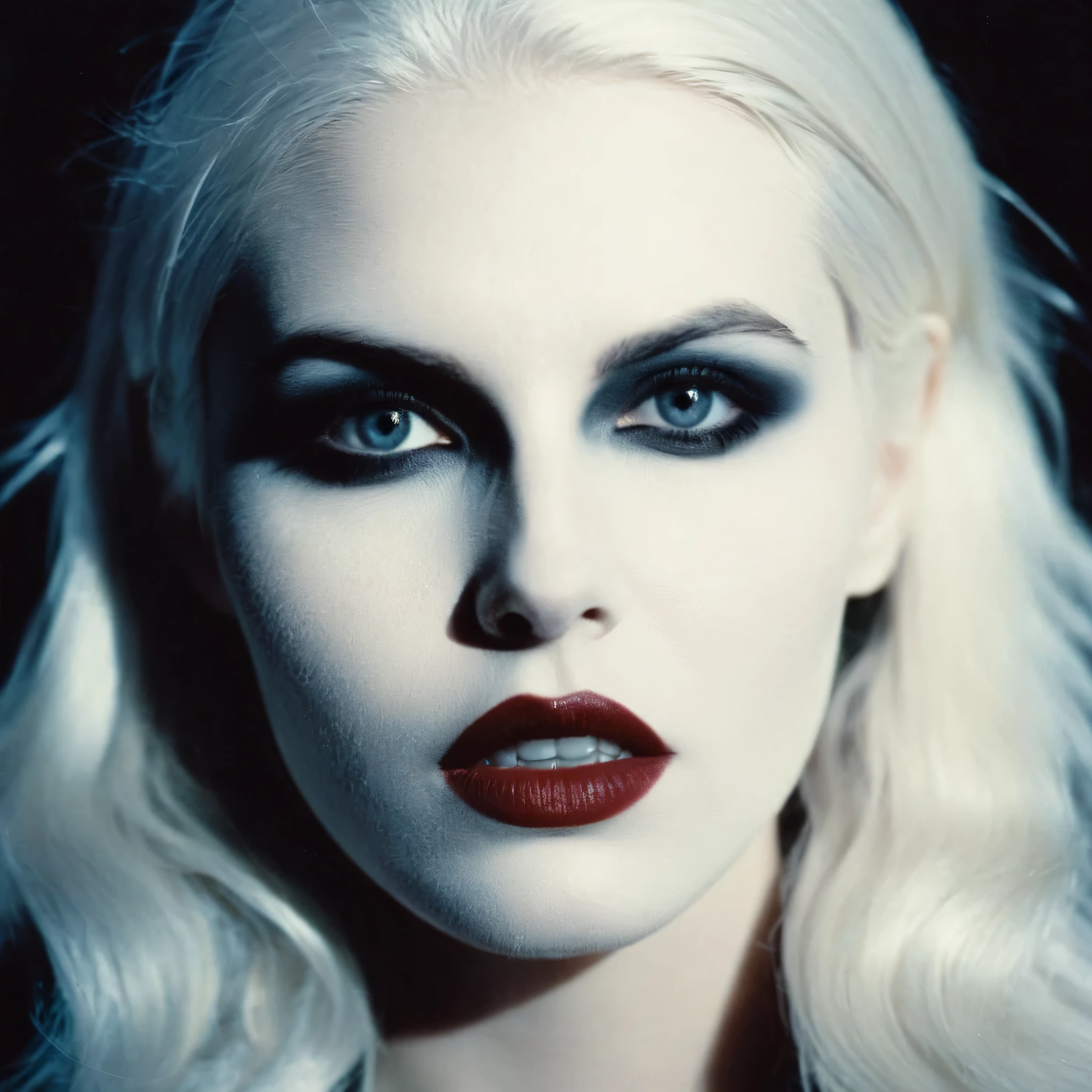 analog film photo of  Female Vampire a pale ice cold skin vampire woman with white hair and a white face and reflective eyes  in , faded film, desaturated, 35mm photo, grainy, vignette, vintage, Kodachrome, Lomography, stained, highly detailed, found footage