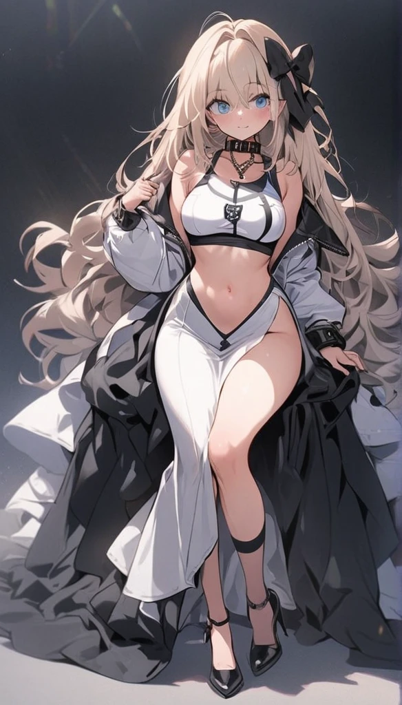 sensual, long blonde hair, thick thighs, 8K, 4K, highest quality, High resolution:1.2), cute anime face, noise reduction, shining blue eyes, gentle smile, Gentle eyes、wearing a headband, naked, White bodysuit、toned abdominal muscles, muscular arms, muscular legs, (((exposed nipples))). , young face, anime chic eyes,  Lock,,O-ring,elbow bag,collar,cuffs ,thigh strap,thigh boots, Harness、全身Harness、garter belt、(((Rear view、emphasize the buttocks、T-back that digs into your butt)))、(((big breasts、Breasts that are about to burst)))