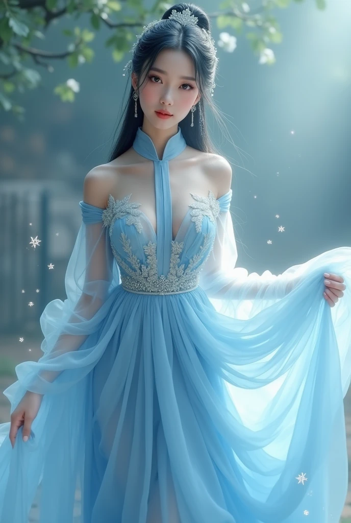 Full figure, seven -clinging shooting, 18 years old, wearing transparent science fiction dress, exquisite faces, details, hands, ultimate details, amazing magnificence, LED internal lighting, Pedaipan style, fiber hair, glowing teal iris, glowing teal iris,