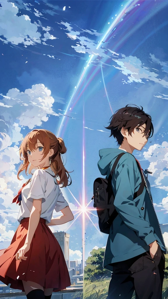 8k HD A boy and a girl with their backs to each other，Turn back，brilliant sky，Brown hair tied into a ponytail，blue eyes，Girl wearing white top and red skirt，Boy with short dark brown hair wearing blue jacket and black pants，Animated paintings inspired by Makoto Shinkai, Popular topics on pixiv, serial art, fleet collection style, Beautiful anime, Anime style 4K, Beautiful anime高中女生, Beautiful anime girl, Xin Haicheng style, Young anime girl, 4k anime wallpaper