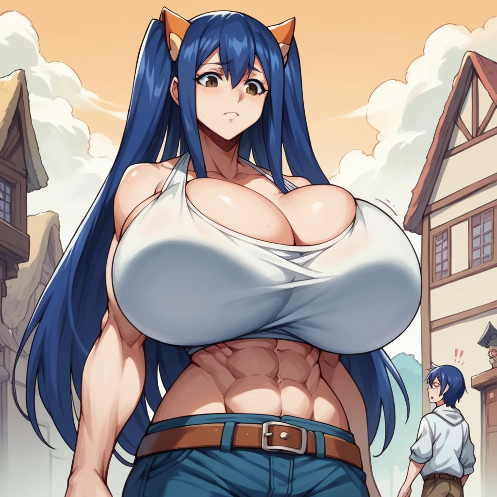 massive cleavage, toned abs, breast expansion,  fantasy town, bursting breasts, Wendy Marvell, mature, muscular, giantess