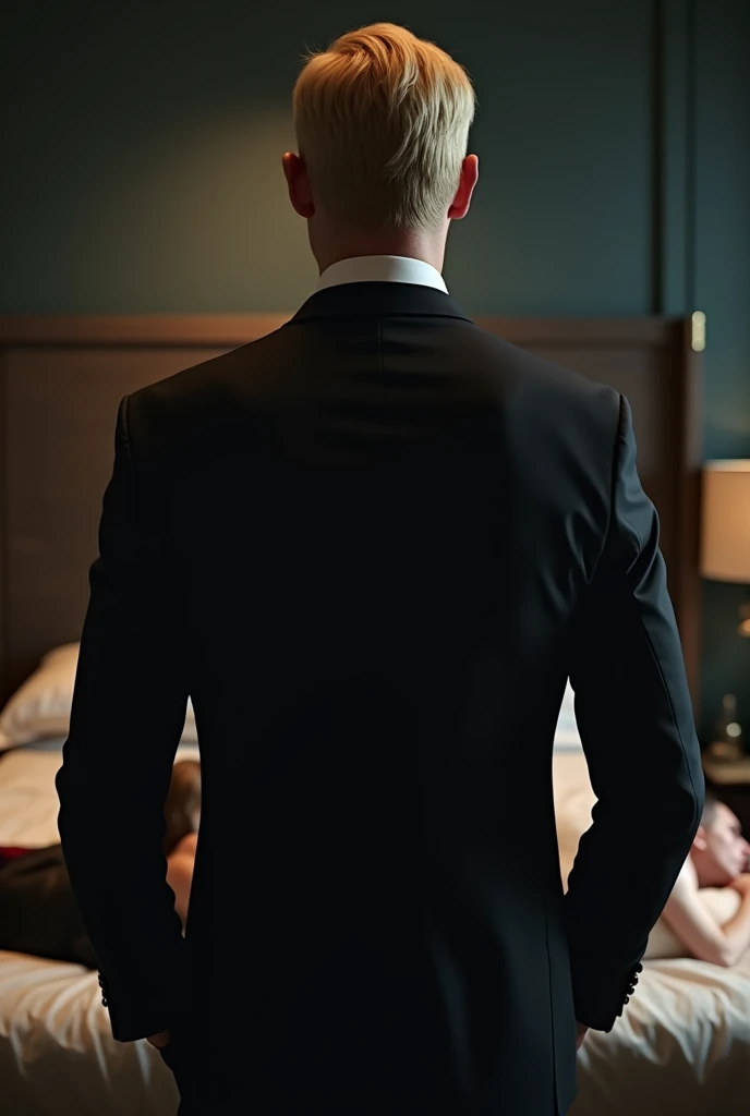1boy、Real photo style、Photo Quality、Cute handsome man、Mash Hair、Japanese male, 、Slim body、Completely naked、Full nudity、erection、Huge penis、Highest quality、Realistic、beautiful、Back view、Dimly lit room in luxury hotel、椅子に座り腕を組む老人男性の前に立つBack view、Butt Exposed、Completely naked