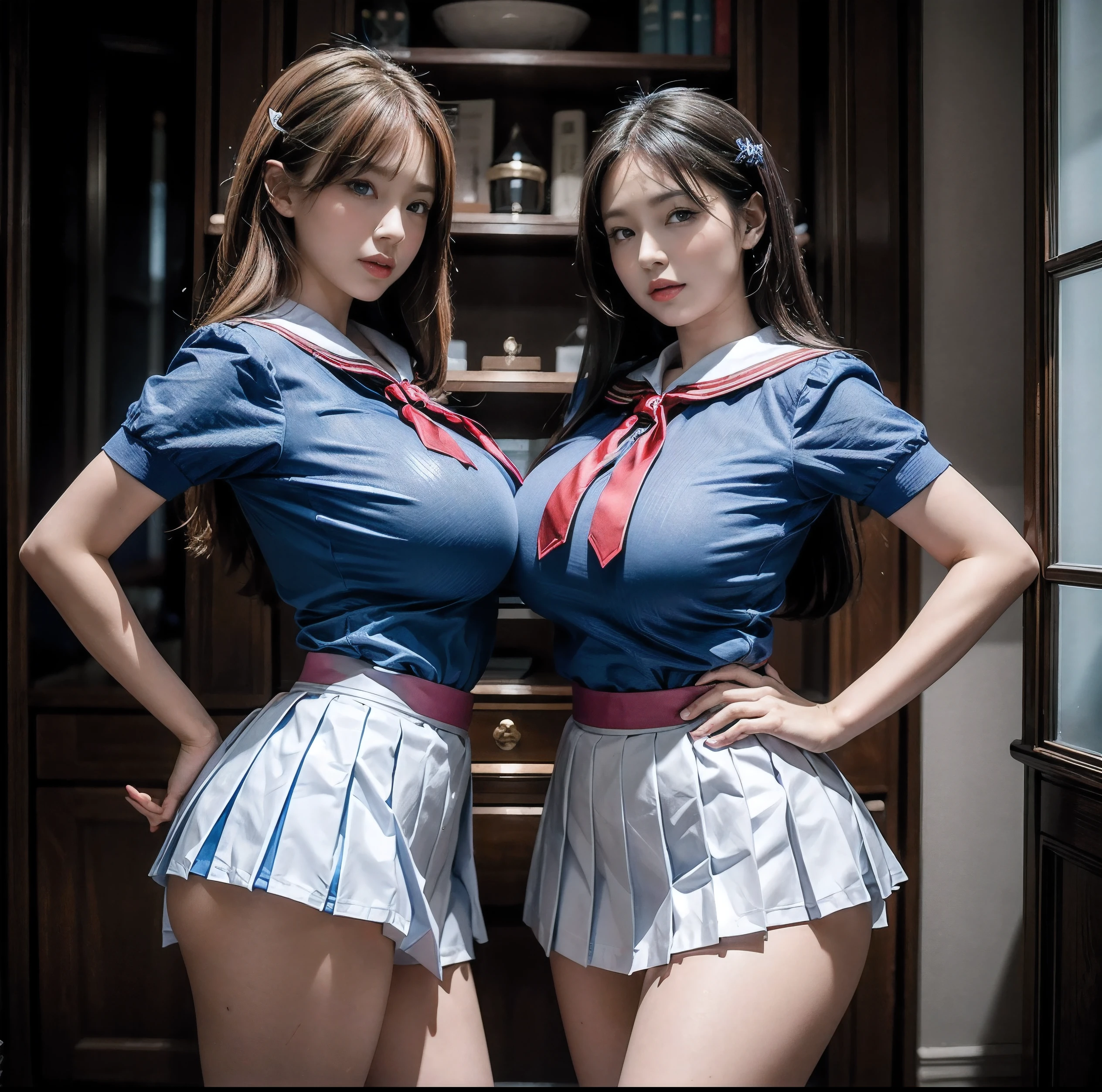 Highest quality, 8K quality, Masterpiece, Two busty women standing side by side, (Super big breasts compressed by clothes:1.2), Whitening skin, Sparkling Blue Eyes, Deep crimson sailor collar uniform, (Pleated skirt), Above the knee, Skirtliftv1, (Booty stretched and highlighted by hands:1.3), Super big breasts in a frontal view, White panties, grabbing own ass, skirtlift, (Eyes slightly closed and mouth open), Breast Grab