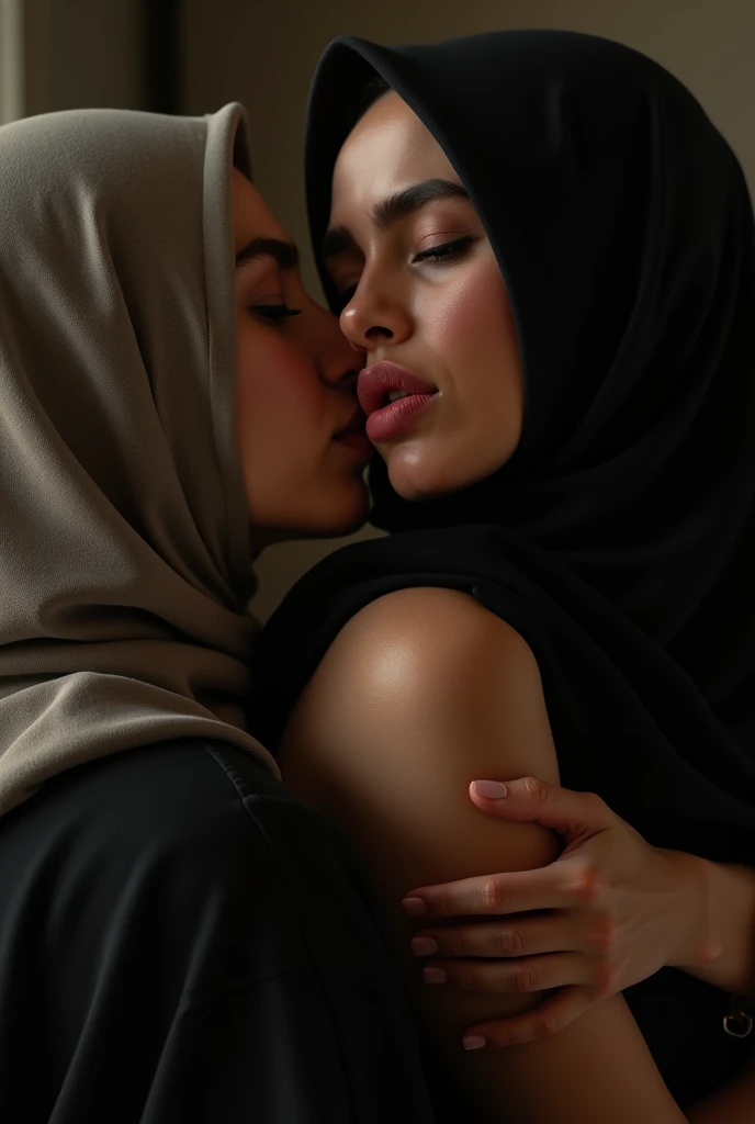 two beautiful teacher hijab indonesian lesbian girl laying down,bra and panties,hugging,french kiss,lesbian sex,