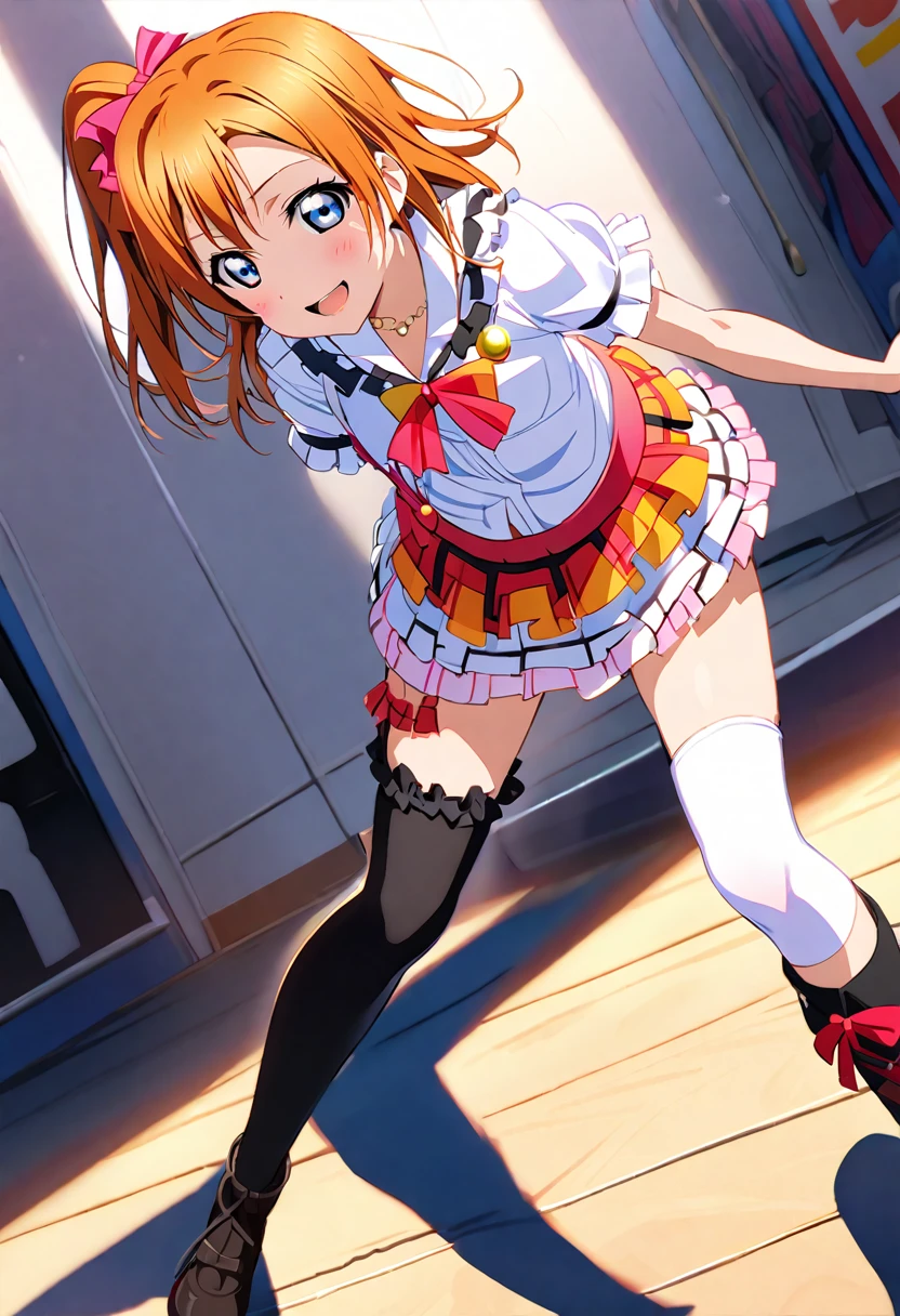 (((Pixel Perfect, Perfect detail))), (((Underskirt angle view, Briefs are visible,))), Alone, Solo Girl, Honoka Kosaka, 1, (costume bokura wa ima no naka de, : 1.5), Viewer Perspective, smile, blush, m's, Love Live!! ,stage, sing, (White cotton briefs: 1.3), (Lace briefs), (White frilly briefs: 1.3), (A rolled up skirt: 1.3), (blue eyes, Detailed Shadows, Detailed face, Orange Hair, One-sided ponytail, Short Hair), ((Thigh-high black socks with pink ruffles on top:1.3)), (Black boots),