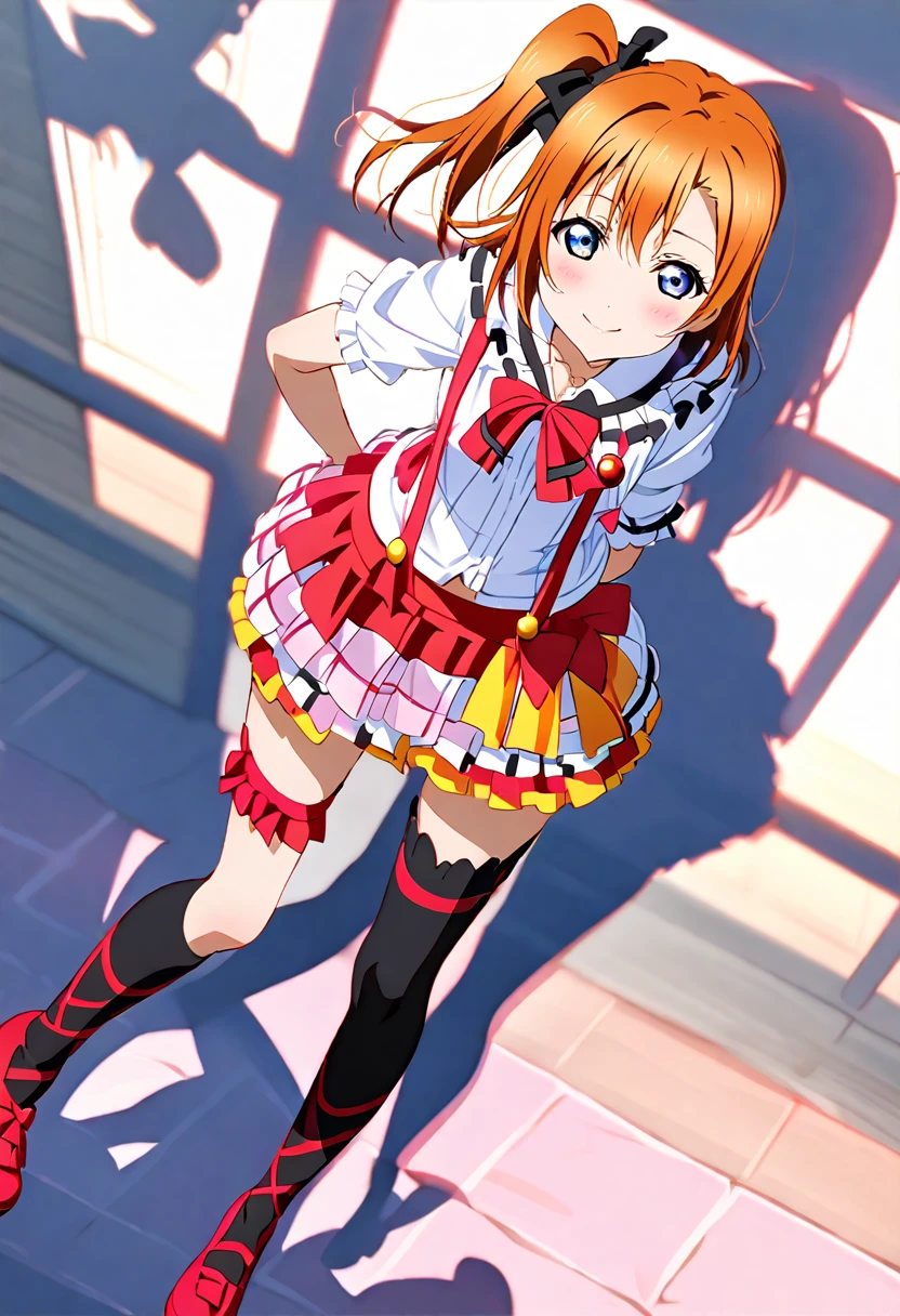 (((Pixel Perfect, Perfect detail))), (((Underskirt angle view, Briefs are visible,))), Alone, Solo Girl, Honoka Kosaka, 1, (costume bokura wa ima no naka de, : 1.5), Viewer Perspective, smile, blush, m's, Love Live!! ,stage, sing, (White cotton briefs: 1.3), (Lace briefs), (White frilly briefs: 1.3), (A rolled up skirt: 1.3), (blue eyes, Detailed Shadows, Detailed face, Orange Hair, One-sided ponytail, Short Hair), ((Thigh-high black socks with pink ruffles on top:1.3)), (Black boots),