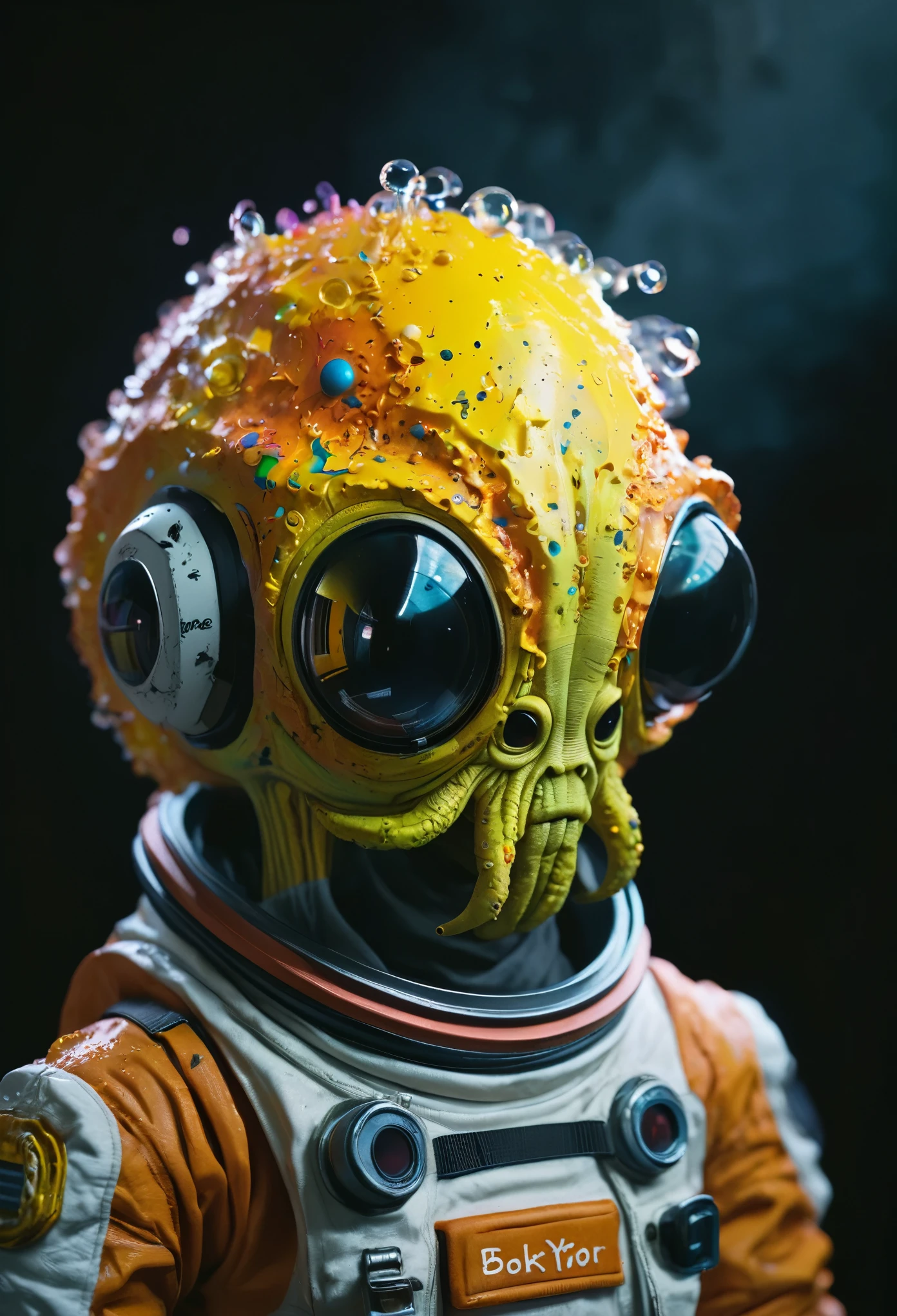 8K, ARTISTIC photogrAphy, best quAlity, mAsterpiece: 1.2), A (potrAit:1.2) Don Bluth Style  ASTRONAUT Cthulhu yellow Toon Doll, full body RAW candid cinema, cyan hair, 16mm, color graded portra 400 film, remarkable color, ultra realistic, sad admosphere, dark lighting, oppressive atmosphere, depressive colors, kodak portra 400, photograph,r, Natural Light,  Pinhead lighgts, blur reflection, Brush Strokes, Smooth, abstract, Splatter, Oil On Canvas, rainbow colors, fractal isometrics details bioluminescens : a stunning realistic photograph of wet bone structure, 3d render, octane render, intricately detailed, titanium decorative headdress, cinematic, trending on artstation | Isometric | Centered