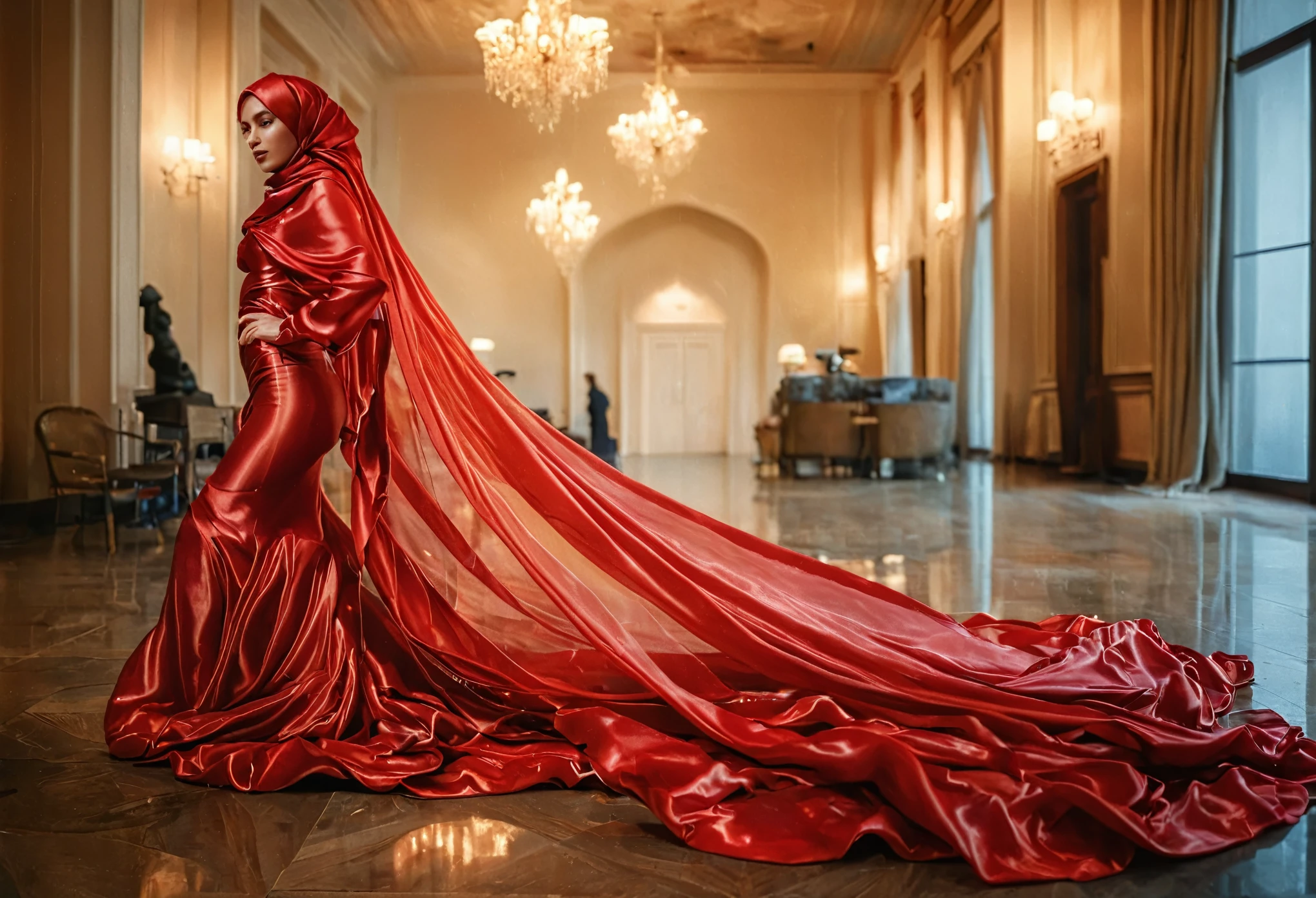 woman shrouded in a 10-meter-long, plush red semi transparent satin shimmer cloth, tightly bound and grandly draping along the form of her body, flowing off into a pooled floor-length train, styled in a mermaid-inspired outfit, her head modestly veiled in a satin hijab,walk in hotel loby, a full-body pose conveying a sense of mysterious elegance, captured in a 4k resolution, ultra-realistic, (best quality,4k,8k,highres,masterpiece:1.2),ultra-detailed,(realistic,photorealistic,photo-realistic:1.37),HDR,UHD,studio lighting,ultra-fine painting,sharp focus,physically-based rendering,extreme detail description,professional,vivid colors,bokeh,portraits,fantasy,cinematic lighting
