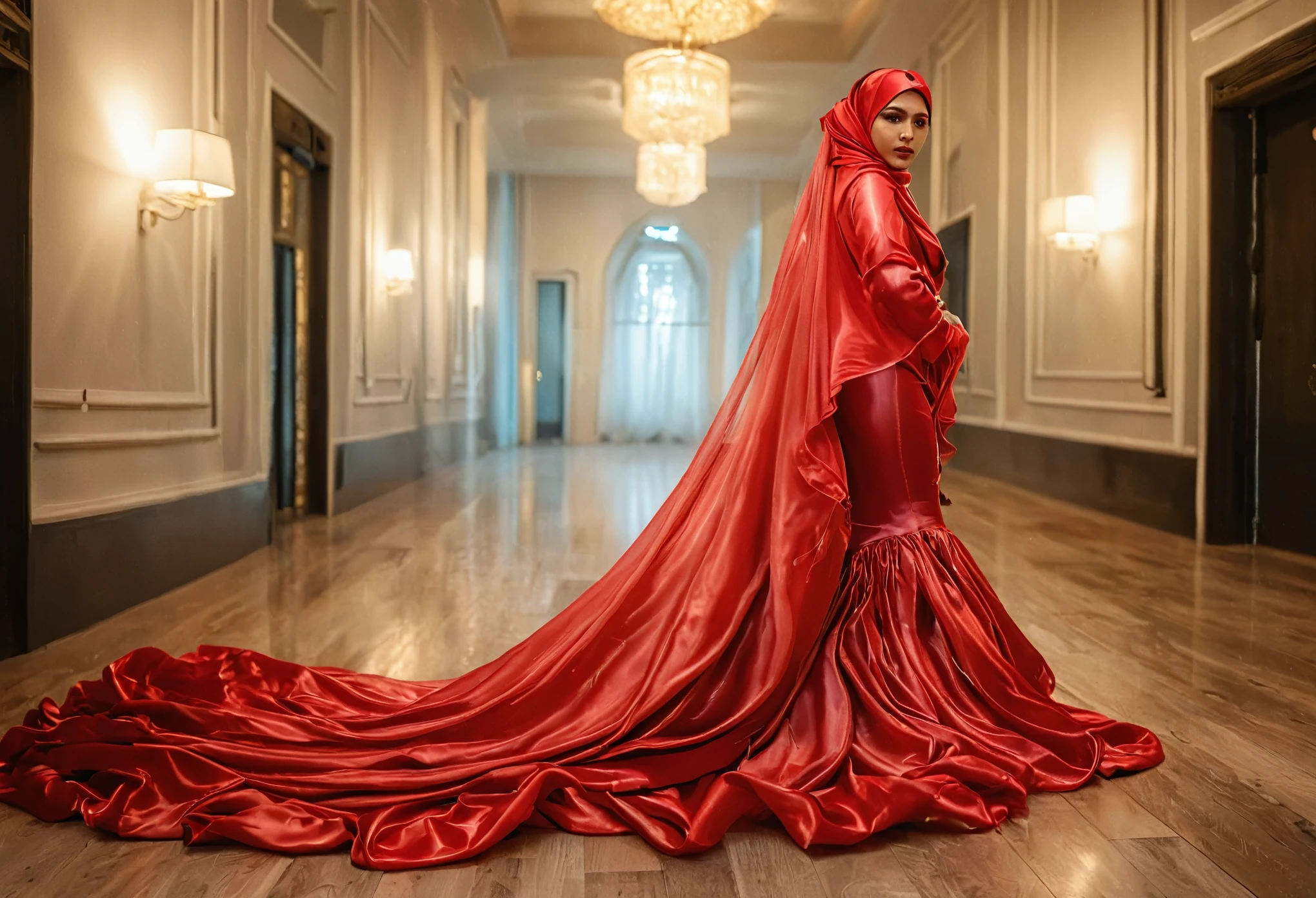 woman shrouded in a 10-meter-long, plush red semi transparent satin shimmer cloth, tightly bound and grandly draping along the form of her body, flowing off into a pooled floor-length train, styled in a mermaid-inspired outfit, her head modestly veiled in a satin hijab,walk in hotel loby, a full-body pose conveying a sense of mysterious elegance, captured in a 4k resolution, ultra-realistic, (best quality,4k,8k,highres,masterpiece:1.2),ultra-detailed,(realistic,photorealistic,photo-realistic:1.37),HDR,UHD,studio lighting,ultra-fine painting,sharp focus,physically-based rendering,extreme detail description,professional,vivid colors,bokeh,portraits,fantasy,cinematic lighting
