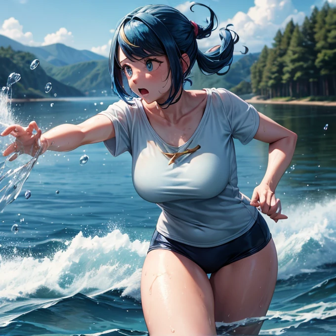 masterpiece, Best Quality, (Dynamic pose:0.5), Absurd, One girl,  Fighting Pose, Punch Water, (Attacking with water:1.5) Wet clothes, wet hair, Wet Face, Water behind a person, Multicolored Hair, (wind:1.4)