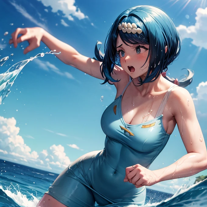 Woman swimming in the sea, moaning, the anime, Bloom!, light blue hair, best quality, UHD
