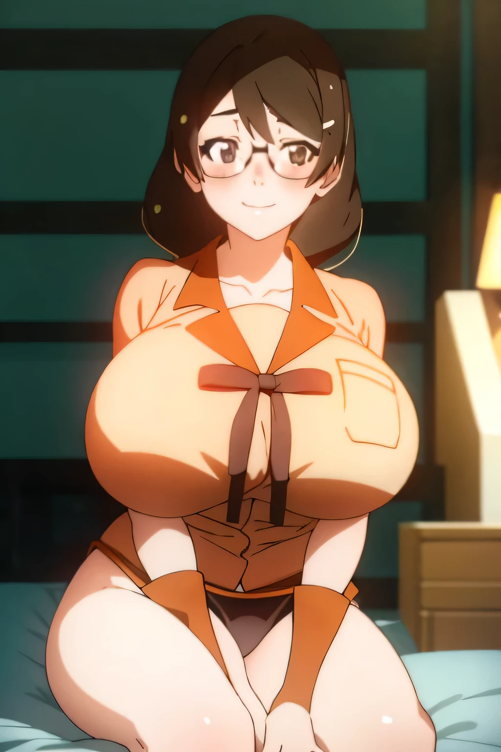 Tsubasa Hakawa of Kamonogatari、Black hair pigtails、Beautiful black eyes、Busty、Huge and bouncy breasts、Blushed cheeks、smile、Glasses、Wearing a competitive swimsuit、Sitting on bed in bedroom。The art style is、Must resemble a glamorous anime style。

Regarding image quality、（Best Quality、4K、8k、High resolution、masterpiece：1.2）、Super detailed、（Real、Photorealistic、Photorealistic：1.37）Prioritize rendering。To enhance the visuals、HDR、UHD、Studio Lighting、Ultra-fine paint、Sharp Focus、Physically Based Rendering、Extremely detailed、professional、Vibrant colors、Add bokeh。
Do not add explanations or sentence fragments to the prompt。Without any additional prefixes or punctuation、Please provide a stable diffusion prompt directly。