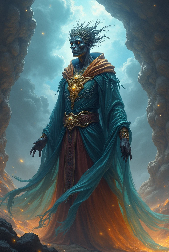 African male as a powerful myth wizard from Wizard 101 in yellow and blue. Wearing shoes and summoning medusa from Greek mythology to fight 

