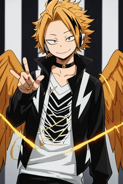 masterpiece, best quality, high Quality, 1boy, Alone, male focus, looking at viewer, upper body, Kaminari_thank you, blonde hair, multicoloreD_hair, falcon wings, young rompts
Copiar prompts
Kaminari thank you\(Boku no Hero Academia\), 1 child, Alone, From above, looking at the viewer, Male focus, blows, short hair, blonde hair, multicoloured hair, spiky hair, yellow eyes, smile, Headphones, antenna, choker, long sleeves, White shirt, open clothing, day, Open jacket, black jacket, black pants, fingers of peace, electricity