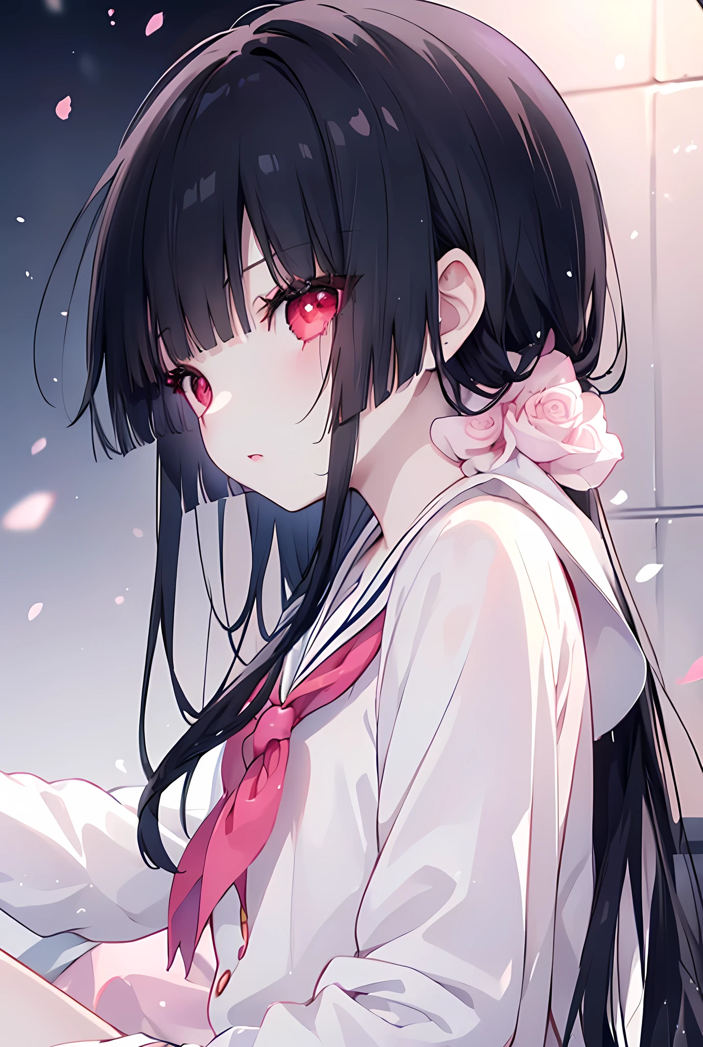 (Masterpiece)、Best Quality、Highest quality、High resolution、Very detailed、Glowing Skin、Bright highlights on eyes、Blushing、Black Hair、Pink Lips、Sailor suit、Red Eyes、Cute eyes、(whole body;１.2)、bed