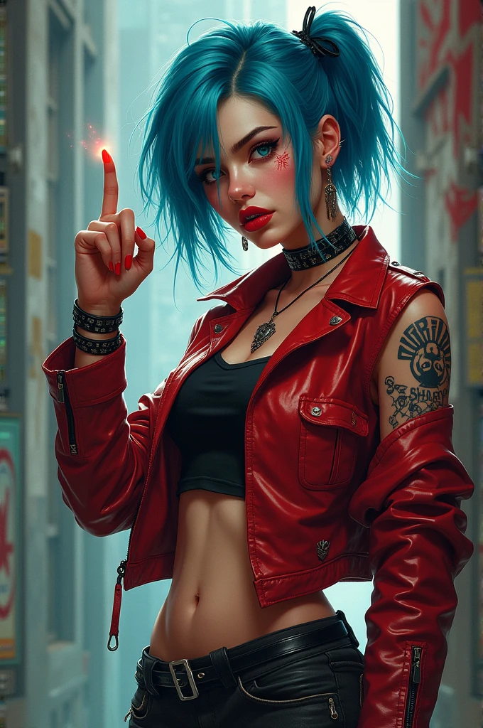 russian milf woman, biker gang member, grey hair (top bun) with bandana headband, with very light blue eyes, extremely pale, heavy eye shadows. Thin. Sad, humbled face, smeared excessive make up and smeared lipstick Wearing black moto jacket, cropped t-shirt with devil logo, skinny blue jeans and black cowboy boots . Lots of metallic bracelets. Tacky thin leather belts superimposed . One hand in her neck, the other in one pocket. Lots of rings. Wide loop earrings. Looks up with amazement like talking to God, mouth and eyes open. Bites her lip and opens her eyes wide