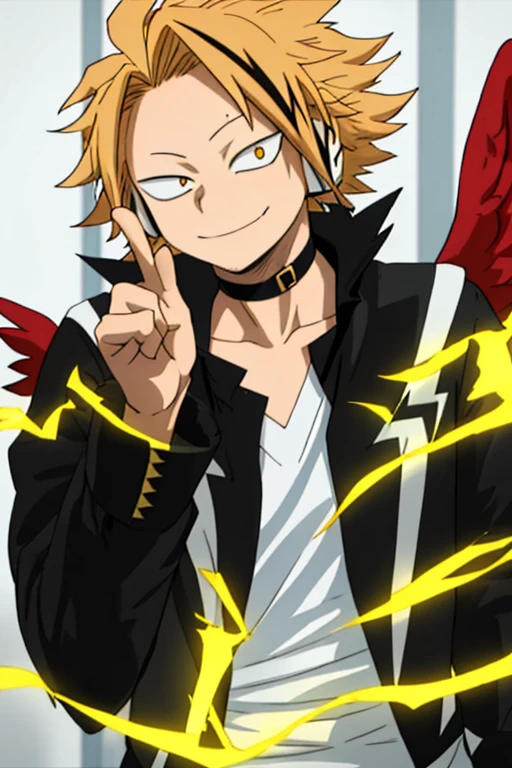 masterpiece, best quality, high Quality, 1boy, Alone, male focus, looking at viewer, upper body, Kaminari_thank you, blonde hair, multicoloreD_hair, falcon wings, young rompts
Copiar prompts
Kaminari thank you\(Boku no Hero Academia\), 1 child, Alone, From above, looking at the viewer, Male focus, blows, short hair, blonde hair, multicoloured hair, spiky hair, yellow eyes, smile, Headphones, antenna, choker, long sleeves, White shirt, open clothing, day, Open jacket, black jacket, black pants, fingers of peace, electricity