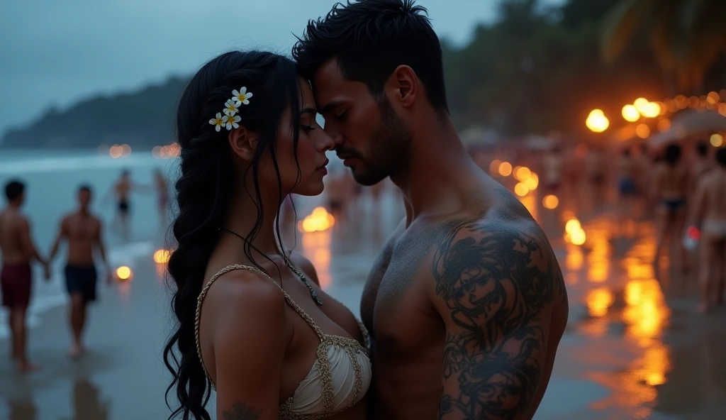 A black-haired girl with big breasts and a handsome man with wavy brown hair and perfect body in the style of Gerard Butler with six-pack and muscles and a lot of black tattoos are bathing in the sea. They are friends. Body view, bright light, viewer, Looking into the camera.