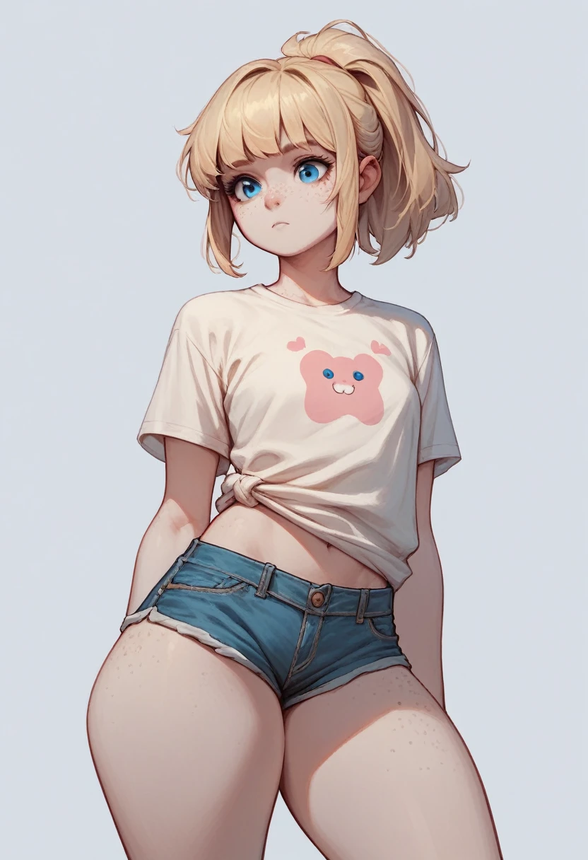 score_9, score_8_up, score_7_up, score_6_up, score_5_up, score_4_up, 1girl, petite, blue eyes, freckles, blonde hair, bangs, ponytail, pale skin, thick thighs, loose untucked pink t-shirt, denim shorts bottoms, simple background
