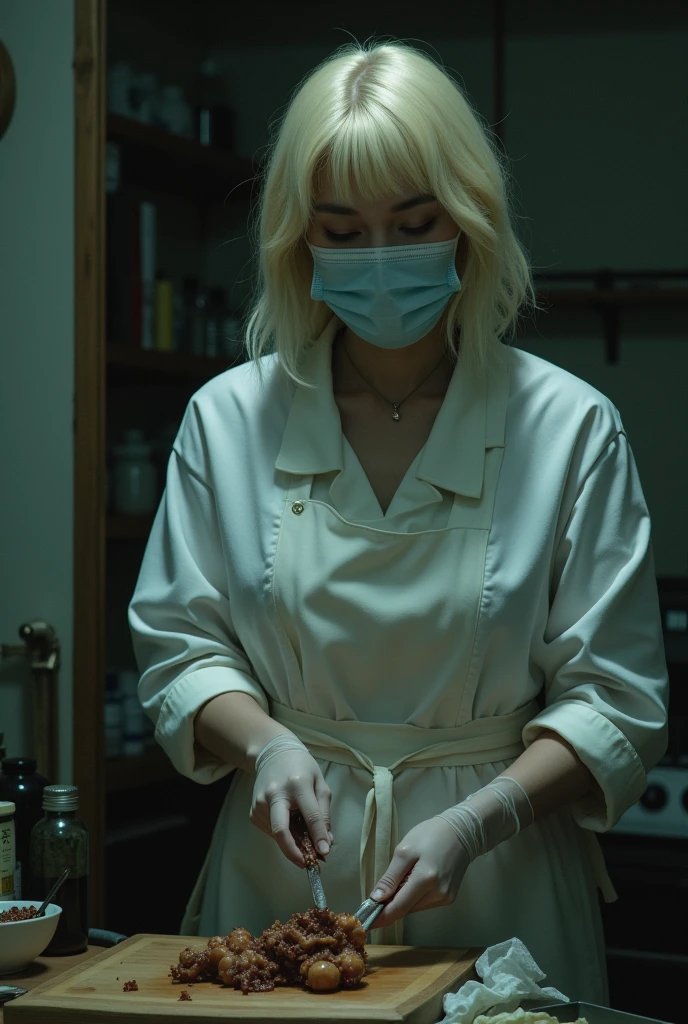 A blonde girl with bangs, wearing a blood-stained black surgical mask and a white apron, He is putting on white latex gloves. His expression is focused and slightly satisfied as he stretches the glove over his hand.. The operating room, poorly lit and sterile, It has a disturbing atmosphere. In the background, A trash can is seen filled with blood-stained latex gloves., while the victim tied to a table watches in terror.