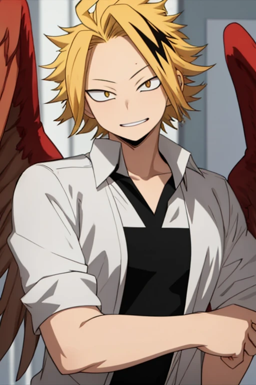 masterpiece, best quality, high quality, 1boy, solo, male focus, looking at viewer, upper body, kaminari_denki, blonde hair, multicolored_hair, falcon wings, young