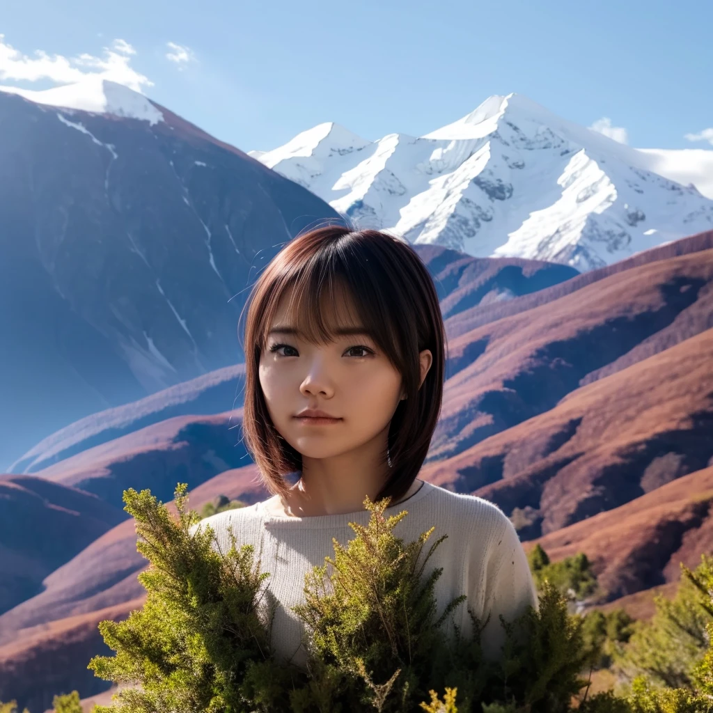 female nake, Bob hair, with , at the spot photo, mountain background. 