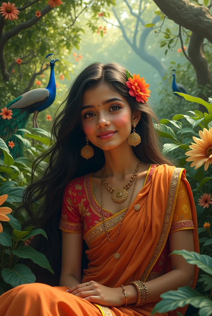 Radha  1 in village sitting, create high quality realistic image, Landscape of a forest, bight sky, vibrant colors, looking with smile, environment is background is of garden, image should ultra clear, hyper realistic, high quality 4k , peacock and birds