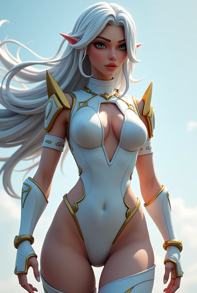 highest details , highest quality , masterpiece , ((( photorealistic ))), girl wearing gold armor, Beautiful woman, (( pretty woman )), high nose, pink lips, soft specular skin, blue eyes, (( huge breasts )), perfect body, sexy, full body view, back light. white hair, long hair.