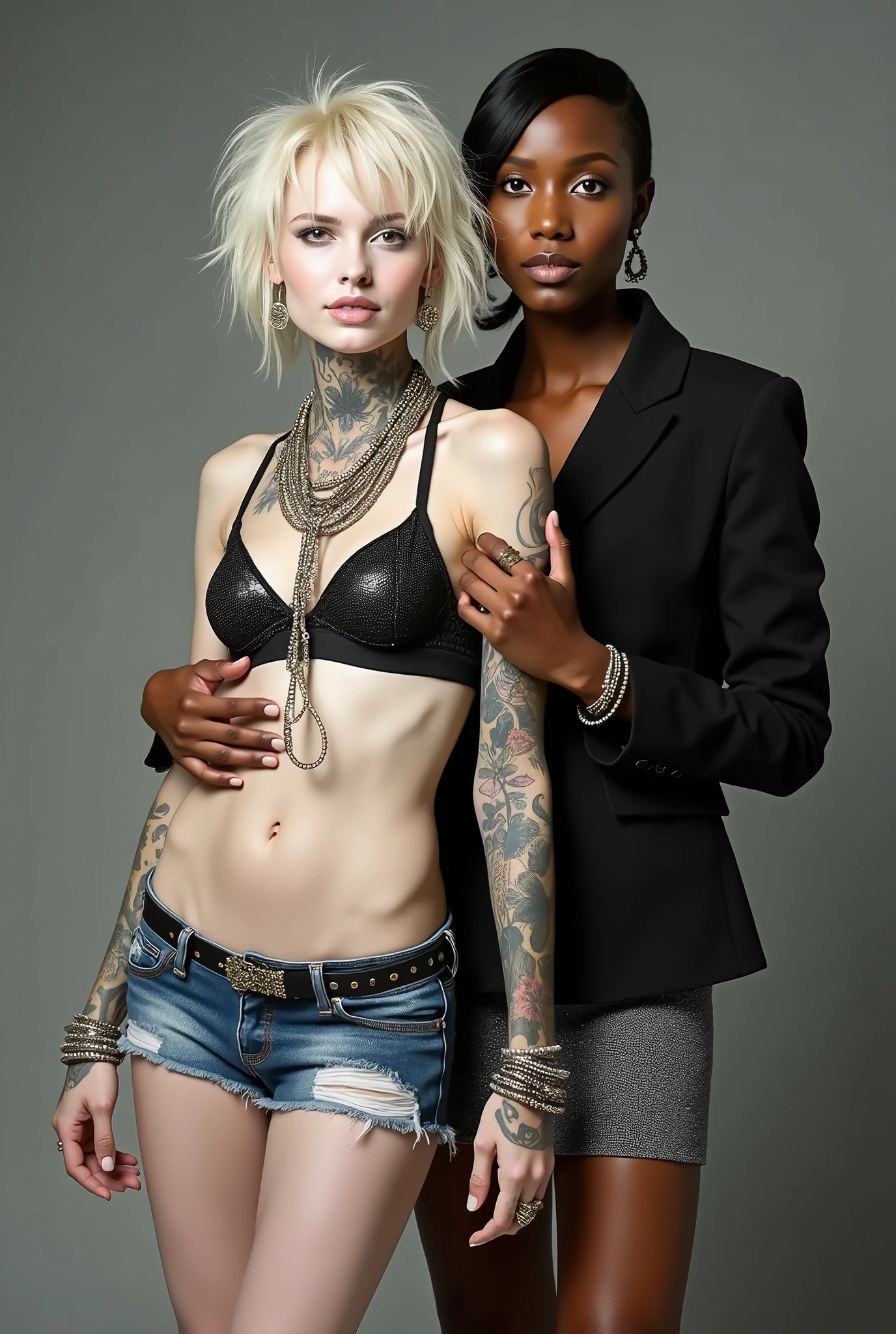 Two russian old milf women: the dominant aggressive dark skinned black woman in business pinstripe suit (jacket and trousers), black heeled shoeslong nails and afro hair, standing up with separated legs and possessive stance showing off her new white girlfriend to the camera (arm around her girlfriends' shoulder squishing her tightly, and grabbing tightly the white woman arm with her other hand, like a predator on her prey). Next to her, her white rich drunk girlfriend looks at the camera  (white woman is very pale: pale face, pale neck, pale chest, pale arms, pale hands, pale stomach, pale leg), white woman stretches her neck and looks at the camera  feeling overwhelmed by her girlfriend. white woman leans on her girlfriend , feeling dizzy and needy.  white woman is being seduced. White woman stands up with separated legs, White woman"s body is twisted and unstable, the hands of white woman are in her pockets. with hands on her belt. White woman dresses in  rock chic style: Black skinny leather low rise jeans with white seams, platinum blonde hair (pouf, top bun, wide colourful bandana as headband) and oversized square sunglasses as headband. Big lips with no makeup. Black studded leather push up bra with white seams, big breasts. Barefoot.. Lots of thick wide studded bracelets in the wrists of the white woman, big pearl necklaces around the neck of the white woman, and big rings, Pearl earrings. Wide loose studded belt with big solid buckle. Loose chains and studded belts around the hips of the white woman. White woman is lazy, leaning on her girlfriend.. The white woman is densely tattooed on neck, tattoed chest, tattoed arms, tattoed stomach, tattoed legs, wrists and feet. White woman has well Toned abdominals, thin neck, slim legs and thin arms. White woman has Narrow hips and noticeable tigh gap. The body of the white woman is twisted in a lazy posture. Full body. On a narrow street with graffitied walls 