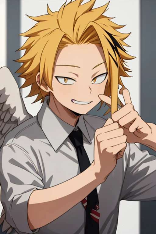 masterpiece, best quality, high quality, 1boy, solo, male focus, looking at viewer, upper body, kaminari_denki, blonde hair, multicolored_hair, falcon wings, young