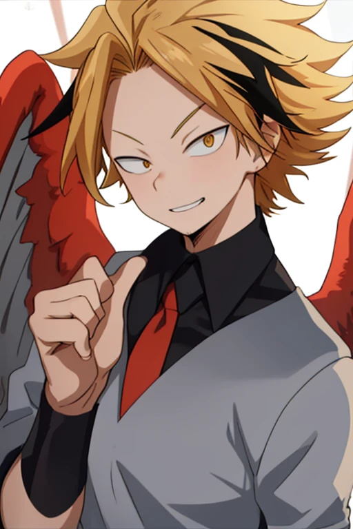 masterpiece, best quality, high quality, 1boy, solo, male focus, looking at viewer, upper body, kaminari_denki, blonde hair, multicolored_hair, falcon wings, young