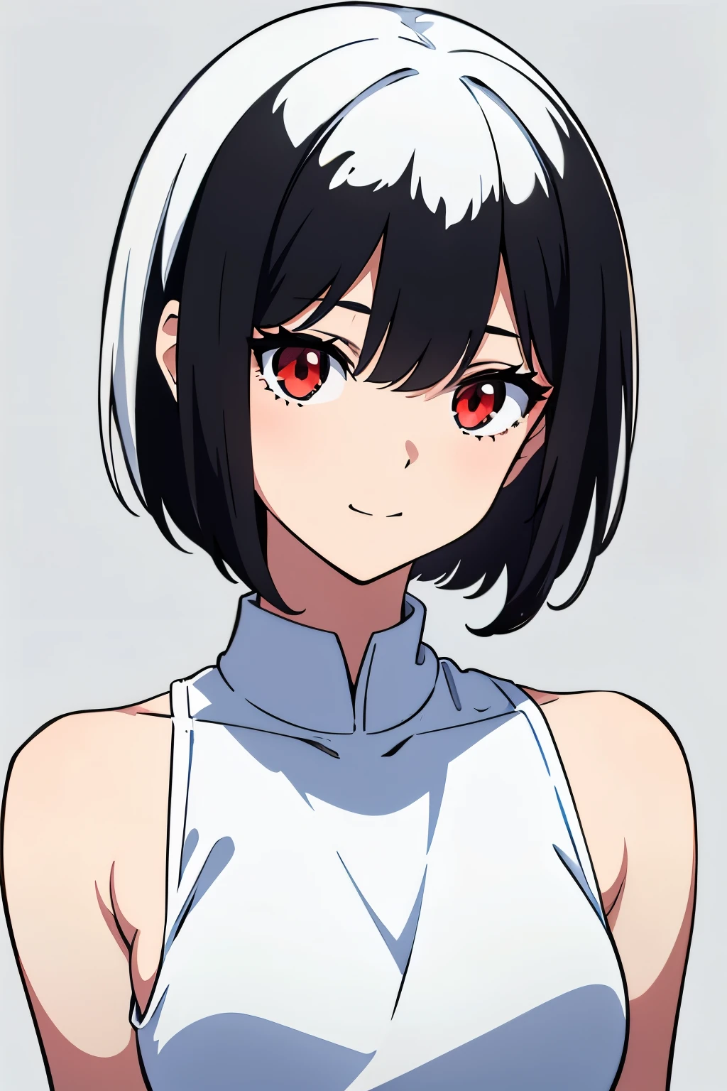 8k,illustration,short hair,,White background,Black_hair,Red Eyes,solitary,1 girl,best quality, Extremely refined、Black hair short bob、Double eyelids,simple background、Upper body close-up、Immature,Ethereal,White background,Flirtatious eyes,cold,Sexy cute sweet girl,Empty inspiration,light smile