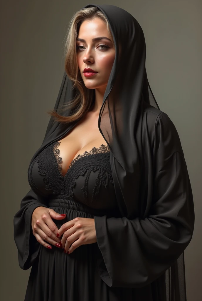 An extremely busty muslim, breasts showing, black lace bra, thick hips, nylons, praying, hands between breasts, very large extreme breasts 