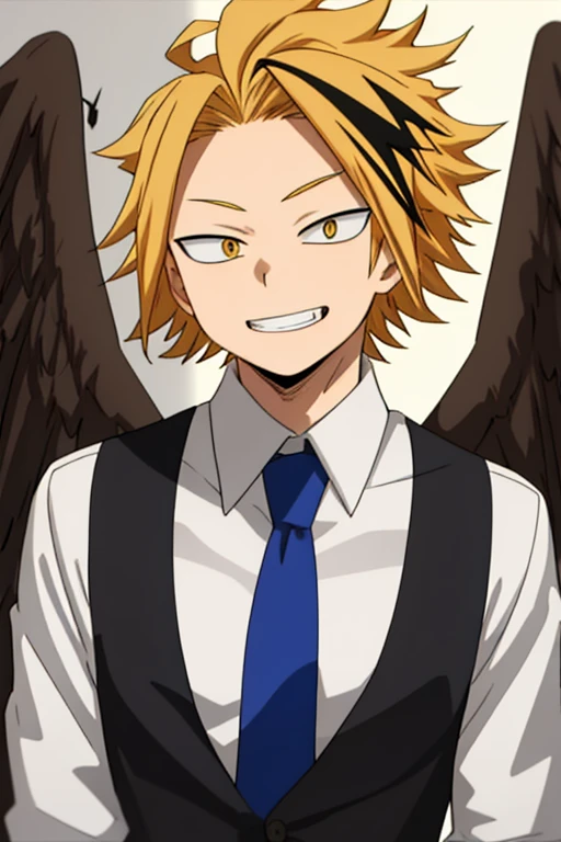 masterpiece, best quality, high quality, 1boy, solo, male focus, looking at viewer, upper body, kaminari_denki, blonde hair, multicolored_hair, falcon wings, young