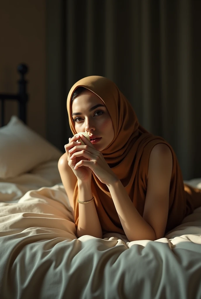 naked indonesian muslim bride sitting waiting with leg spreading on the bed  realistic