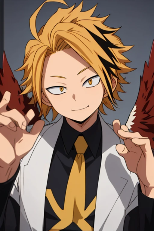 masterpiece, best quality, high quality, 1boy, solo, male focus, looking at viewer, upper body, kaminari_denki, blonde hair, multicolored_hair, falcon wings, young