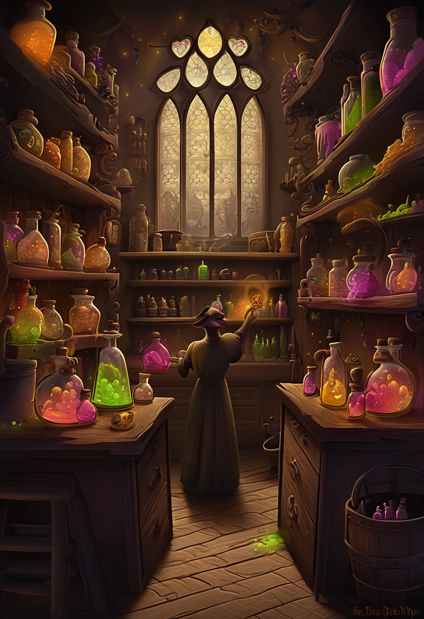 Inside of an alchemist shop walls filled with shelving filled to the brim with potions, ingredients, and alchemy tools.
Behind desk an two people one old lady and one young beautiful woman. The old woman is training the young one to make a potion using alchemist equipment.
The potion they are making is casuing a radiantly colored smoke to form that seems to light up the dark room,  you can see a creatures face looking in the window of the shop.Masterpiece, Anatomically Correct, Best Quality, Large breasts, Glint, Raised Eyebrows, Laughing, Star-Shaped Pupils, 