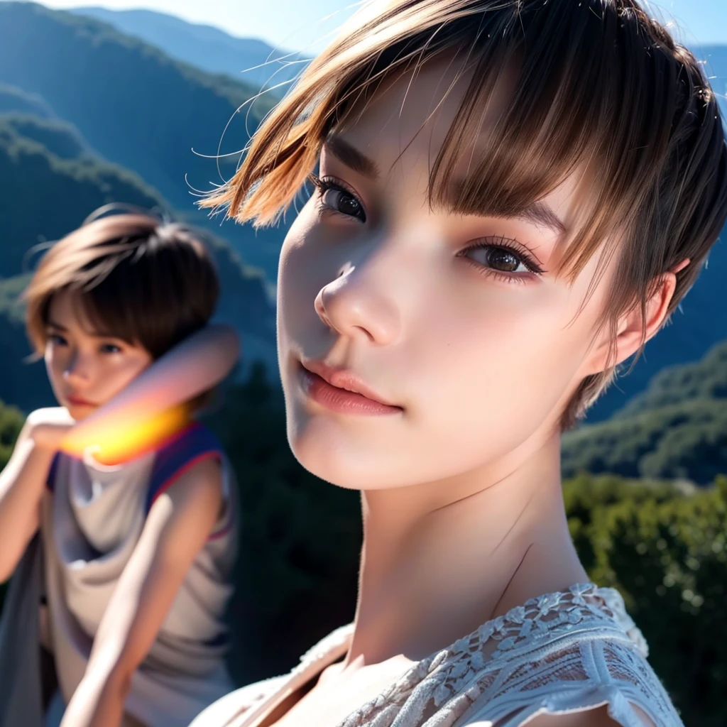 a naked woman with short bob haircut, with a young boy, on a mountain, photorealistic, detailed portrait, detailed clothing, dynamic pose, beautiful lighting, cinematic composition, vibrant colors