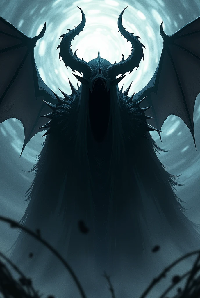 The image is anime style with shadows and dim lights, anime style although somewhat adult and dark, It shows a colossal snake made of shadows, floating over the sky a city, Many red eyes appear on his body. On his head he has four red eyes on each side. and has wings also black like shadows, and irregular. She is facing a long-haired blonde female android who looks like a flea in front of her and who flies beside her