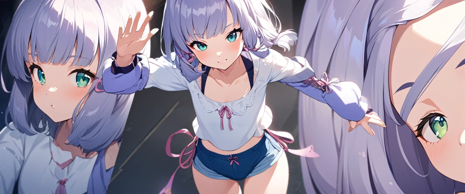 1girl 1boy, 手を握って歩いている, BREAK whole body, standing, , purple heir, medium hair, smooth hair, bob hair, green eyes, Anime girl waving, White blouse, Pink ribbon, Loose-fitting blue-purple long arm covers, Navy blue hot pants with a slit in the front, Soft anime illustration, Smooth anime CG art, Virtual YouTuber Model, Cute realistic portrait, Cute girl anime visuals, Anime Style, BREAK 1boy, 
