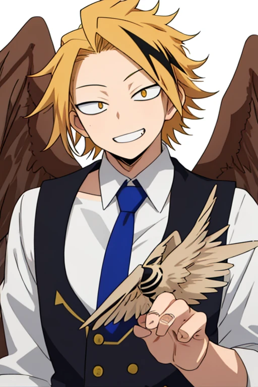 masterpiece, best quality, high quality, 1boy, solo, male focus, looking at viewer, upper body, kaminari_denki, blonde hair, multicolored_hair, falcon wings, young