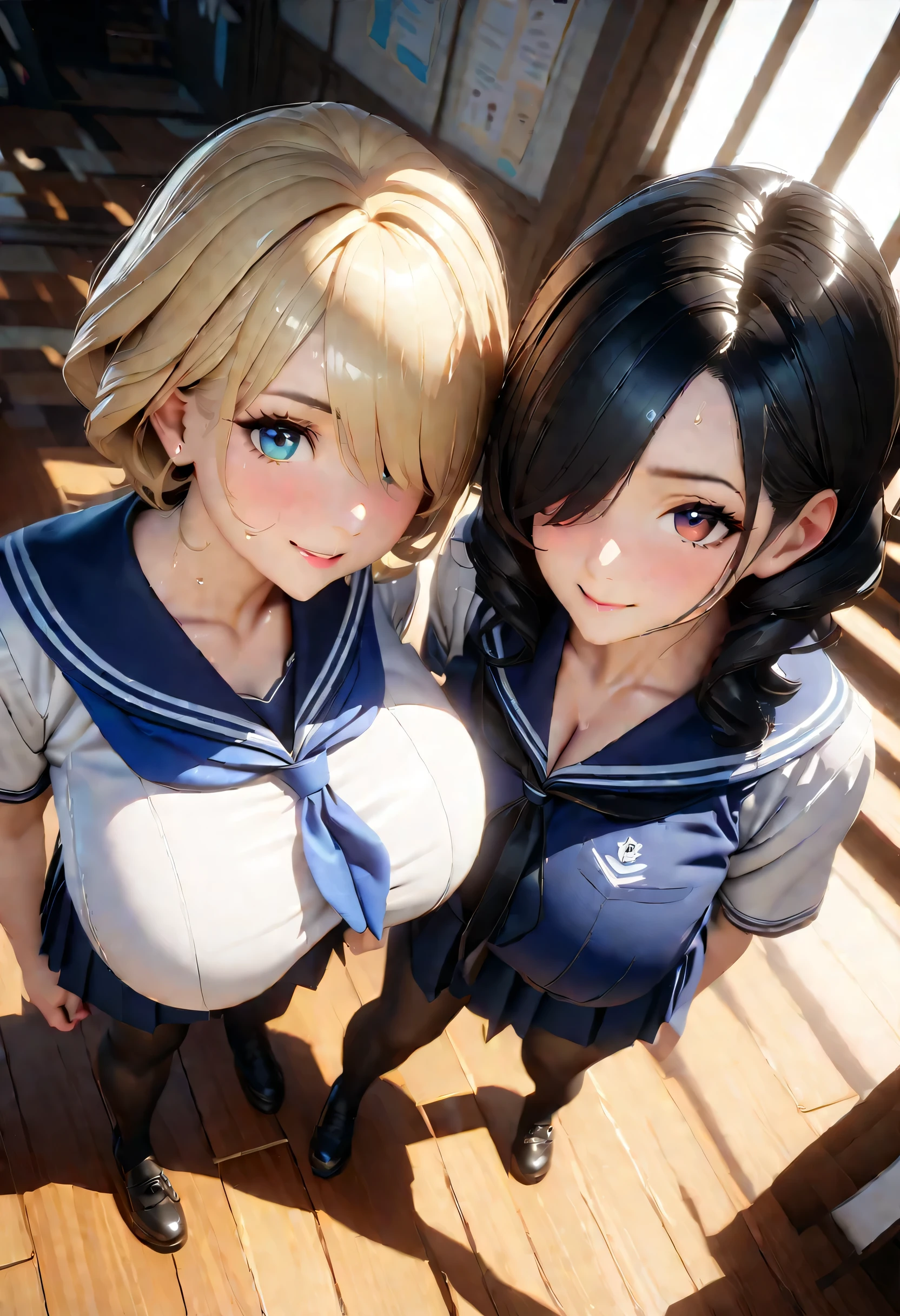masterpiece, Top Tier, Gorgeous, 8k, unity wallpaper, Unreal Engine 5, Ray Tracing, 8k, Cinematic, various depth of field, Octane Rendering, elegant, Tone Mapping, hyperfocus、最高masterpiece、highest quality:1.2、8K、(Two women in their 30s standing side by side)、Married Woman:1.5、Close-up of two women、((A Russian woman with short blonde hair in a loose perm and two Japanese women with long black hair))、Hair Over One Eye、Mom:1.4、Mature Woman:1.4、Huge breasts:1.8、Slightly sagging breasts:1.2、Long Breasts:1.5、Sailor suit cosplay、A loosely wrapped tie、Bewitching Smile、Sweat drips down my cleavage、Unbutton one of your uniform buttons、School、classroom、Classroom、black tights、Black Stockings、Detailed five fingers、White shirt、Dark blue mini skirt、Pleated skirt