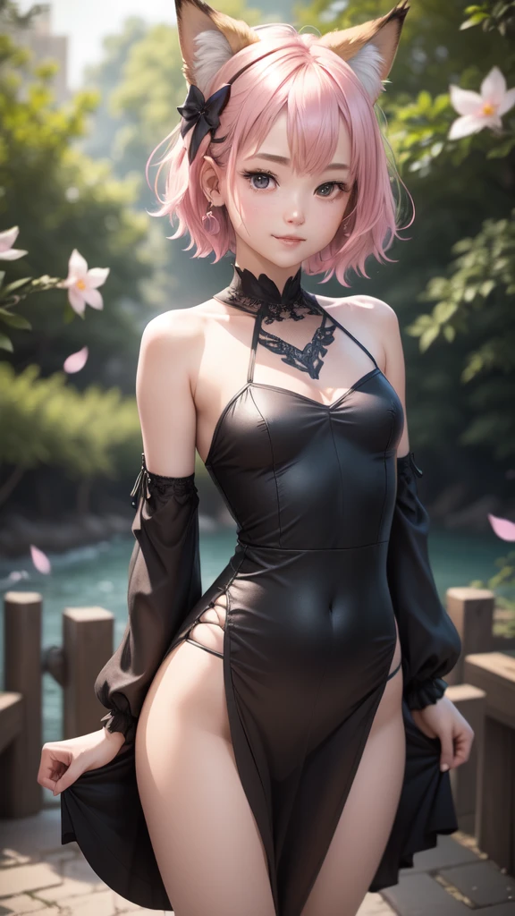 a 20-year-old girl surrounded by cherry trees,
cuerpo completo visible, 
((17)) luz del sol,
desde abajo,
vista desde abajo,

edgScene black and purple,
hair (smooth flat),
short hair,

ojos morados,

Gargantilla,
(pechos enormes: 1.1),
sin sujetador,
(traje de ballet, plateado, ajustado),
(dedo del pie de camello, Cameltoe, en forma de,
Muslos grueso,
(mascara),
pies sumergidos en el rio,  
(botas largas, tacones altos),

(obra maestra, mejor calidad), sthe highest qualit, cinematiclight, 4k,